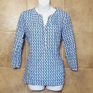 Blue Patterned Women's Split-Neck Tunic Top